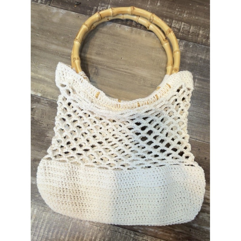 Cream Crochet Shoulder Bag Bamboo Handles Boho Hobo Purse Beach Coastal